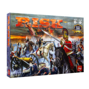 بازی فکری استراتژیک و نظامی Risk مدل تختهای فتح 42 قلمرو جهان با 5 ارتش رنگی، 3 تاس حمله، 2 تاس دفاع، کارتهای ماموریت و آتشبس، مناسب 2 تا 6 نفر بالای 10 سال با جعبه هاردباکس و دفترچه فارسی